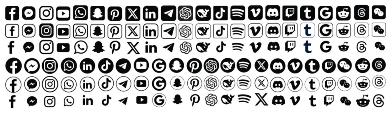 Social media icon set or social network logos like, Facebook, ChatGPT,  Twitter, X, Instagram, YouTube, DeepSeek, Snapchat, Pinterest, WhatsApp, LinkedIn, TikTok, Spotify, Vimeo, Reddit, WeChat