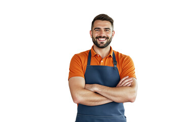 Confident male barista wearing an orange polo and navy apron, smiling with arms crossed on a white background. Concept of service and hospitality. Ai generative