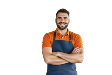 Confident male barista wearing an orange polo and navy apron, smiling with arms crossed on a white background. Concept of service and hospitality. Ai generative