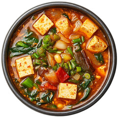 A Bowl of Korean Doenjang Jjigae Soybean Paste Stew with Tofu Isolated on Transparent Background