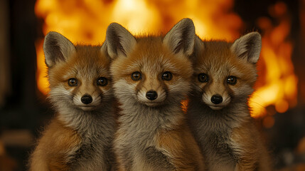 Fototapeta premium Three adorable fox cubs in front of a fireplace