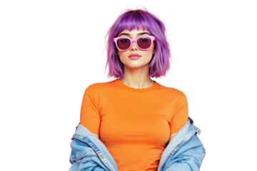 Trendy woman with purple hair, wearing pink sunglasses, an orange shirt, and a denim jacket, posing on a white background. Fashion concept. Ai generative