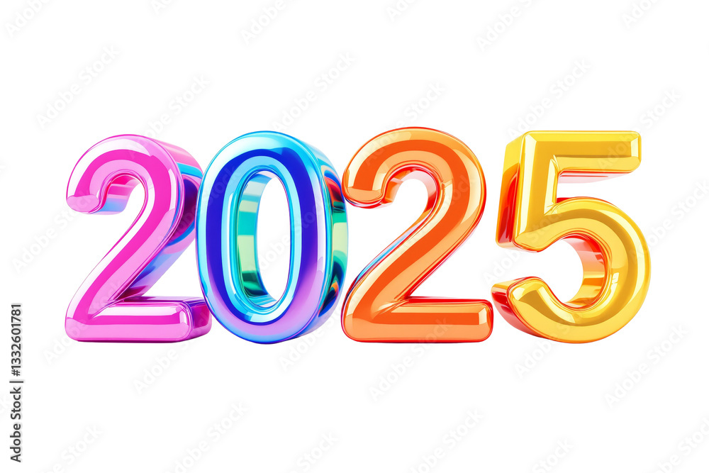 Poster shiny multicolor 2025 numbers in a balloon-like style isolated on a white background. festive and cr