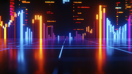Cinematic visualization of digital financial market with vibrant colors and glowing bars, representing data analysis and