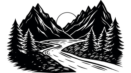 Winter black and white mountain landscape with pine trees and snow