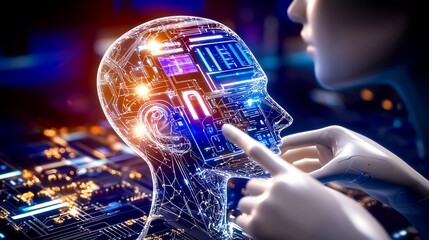 AI humanoid robot interacts with digital human brain interface.