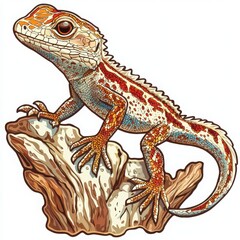 Naklejka premium Vibrant lizard perched on a weathered rock, showcasing intricate details and striking colors. A captivating illustration.