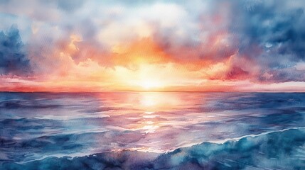 Stunning watercolor painting depicting a serene sunset over a calm ocean. Beautiful blend of warm colors creating a peaceful ambiance.