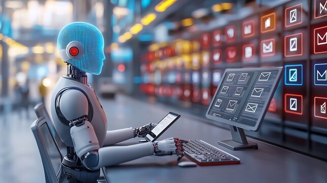 AI robot managing emails on computer and tablet.
