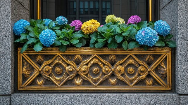 Ornate planter box with colorful hydrangeas