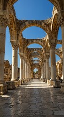 Obraz premium Historic columns and arches create a beautiful pathway in ancient ruins, bathed in sunlight