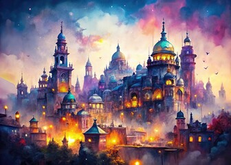 Art Nouveau Cityscape Watercolor, Low Light AI Painting, Generative Art, Digital Painting