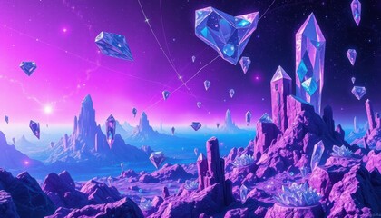Surreal Cosmic Landscape, Floating Crystals, Fantasy World, Digital Art, Vibrant Hues, Aesthetic Viewpoint