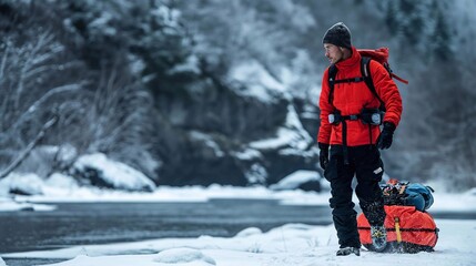 An explorer in a bright red jacket walking across a snow-covered landscape with a sled and equipment..