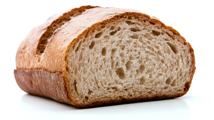 Fresh crusty white bread loaf cut in half showing soft interior crumb texture and golden brown crust on white background, isolated for food packaging design.