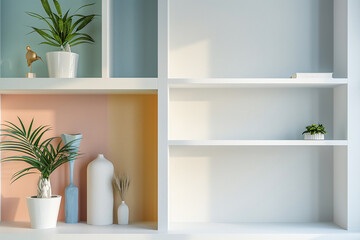 Modern cube style bookshelf with a vibrant color block palette and organic shapes. Stylish background setting for online work.