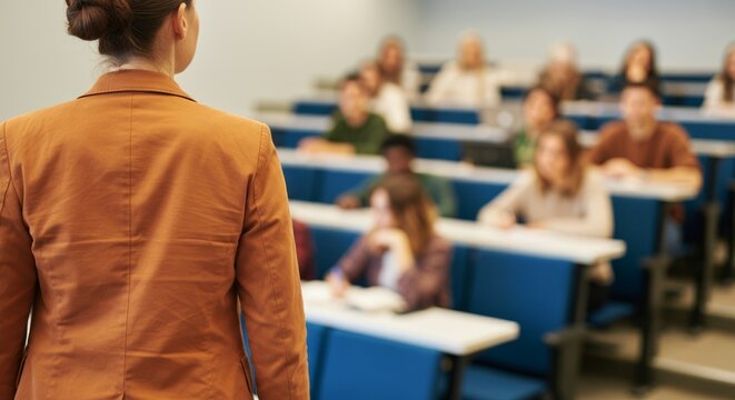 Female lecturer leading classroom discussion with diverse students in university setting