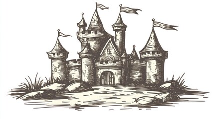 Obraz premium A detailed illustration of a medieval castle with towers and flags.