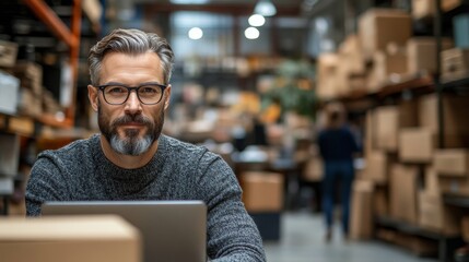 Man with glasses and beard using laptop in a warehouse with shelves of boxes