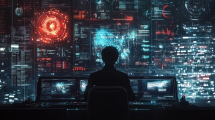Obraz premium Cybersecurity Analyst Monitoring Global Network
