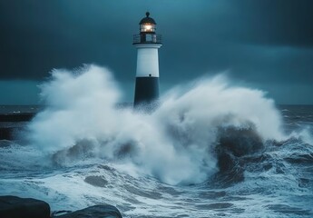 A lighthouse surrounded by huge waves during a storm, with a dark sky. This is a photographic scene. 