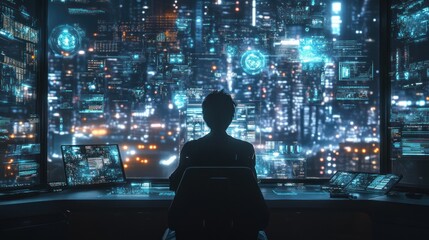 Cyberpunk Cityscape: A lone figure monitors a futuristic metropolis through a wall of digital screens, showcasing a blend of technology and urban life.