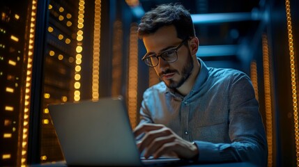 Man with beard wearing glasses using a laptop computer in a server room with lights