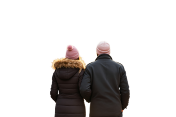 Couple in winter jackets and hats walking together, viewed from behind, isolated on white background. Concept of love, warmth, and togetherness. Ai generative