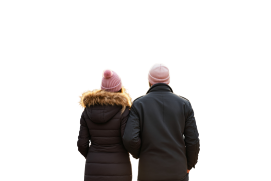 Couple in winter jackets and hats walking together, viewed from behind, isolated on white background. Concept of love, warmth, and togetherness. Ai generative - Powered by Adobe