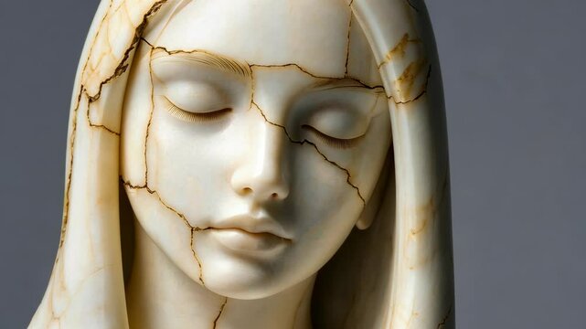 Intricate cracked sculpture of a serene woman with closed eyes showcasing delicate craftsmanship and timeless beauty