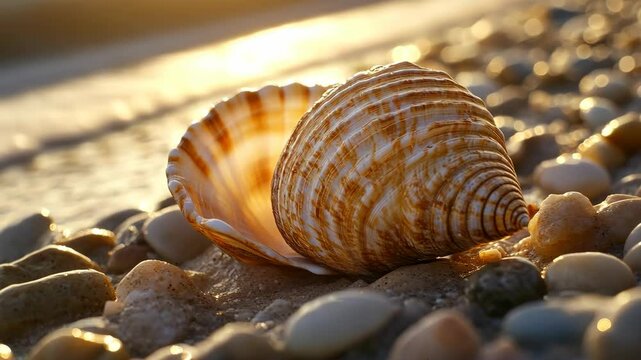 Beautiful seashell rests on sandy shore at sunset near tranquil ocean waves