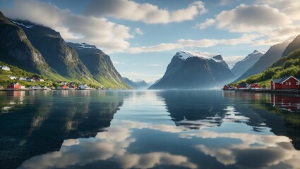A scenic view of a fjord with mountains reflected in the still water.