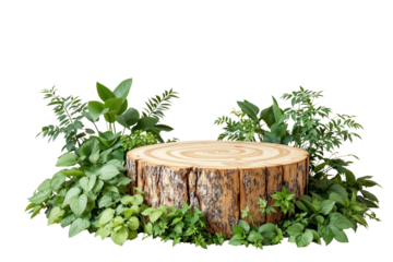 Wooden tree stump podium with lush green tropical plants around it on a white background, perfect for nature-themed design concepts. Ai generative