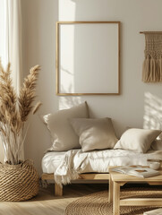 A Serene Sanctuary of Soft Neutrals Embracing Minimalism with Sunlit Comfort and Natural Accents.