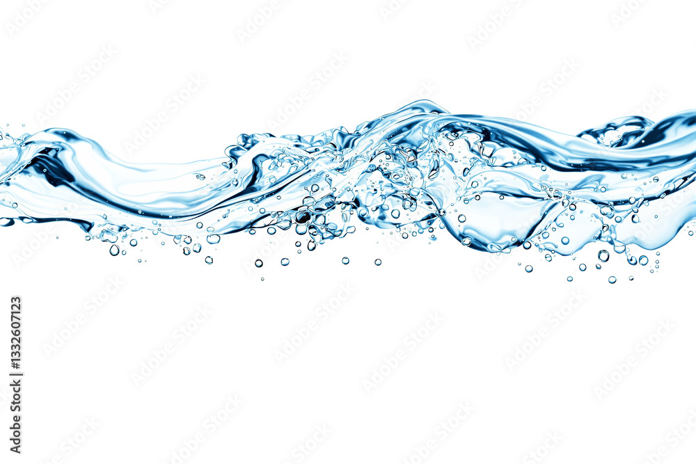 Poster Flowing clear water splash with bubbles isolated on white background, clean and fresh concept, perfect for design elements and layouts. Ai generative