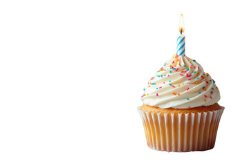 Cupcake with frosting, sprinkles, and a lit striped candle on a white background. Concept of birthday celebration and dessert decoration. Ai generative