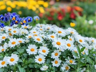 Fototapeta premium Bright and Colorful Blooming Garden Scene Featuring White Daisies and Vibrant Flowers with Soft Blurry Background and Fresh Green Foliage