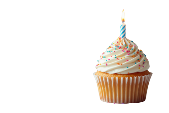 Cupcake with frosting, sprinkles, and a lit striped candle on a white background. Concept of birthday celebration and dessert decoration. Ai generative