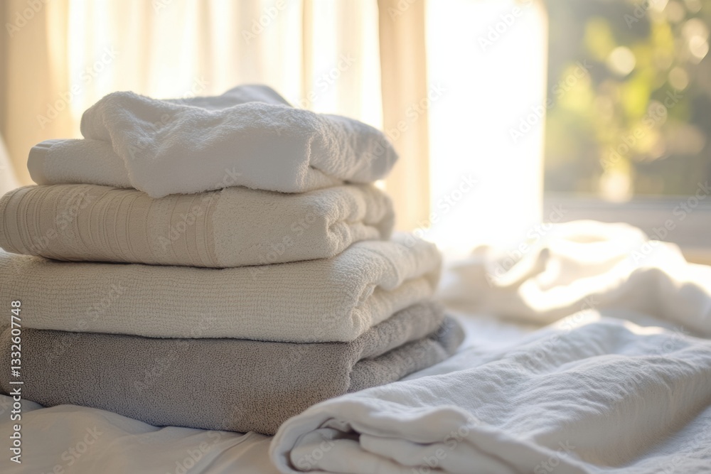 Fototapete Freshly washed towels and linens create a cozy atmosphere in a bright bedroom with soft sunlight streaming through the window Generative AI