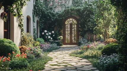 a lush English garden in full bloom, featuring a quaint stone pathway leading to an ivy-covered archway