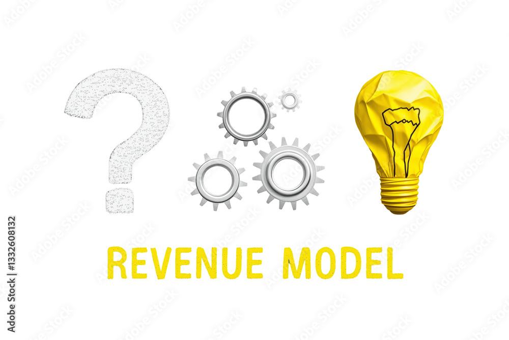 Poster question mark, metallic gears, and crumpled yellow paper lightbulb on a white background. concept of