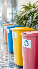 Recycling bins in bright colors lined up for waste sorting in an office