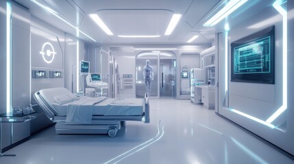 Futuristic hospital room with high tech AI technology equipment Generative AI