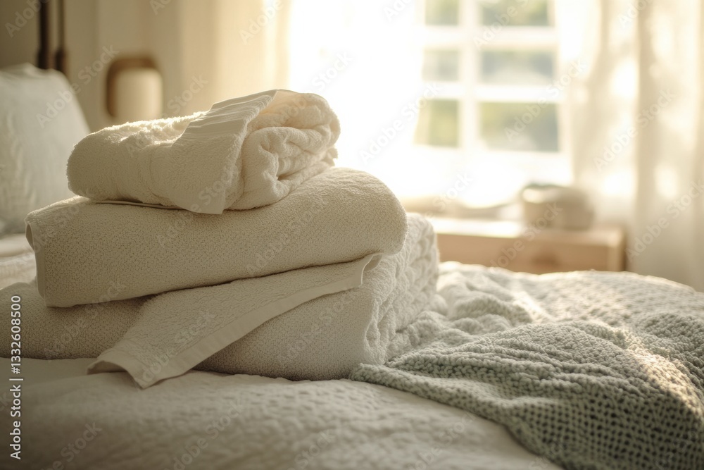 Fototapete Neatly arranged freshly washed towels and linens creating a cozy atmosphere in a softly lit bedroom Generative AI
