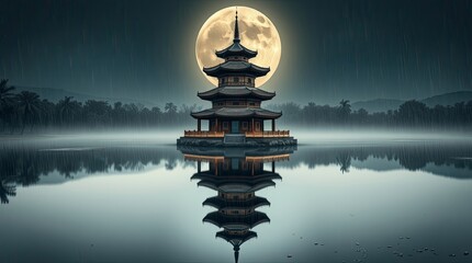 Obraz premium Serene Pagoda Lake Moonlit Night Rain Peaceful Asian Temple