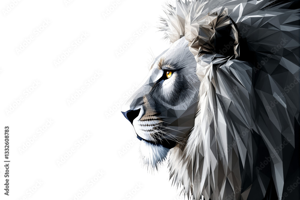 Poster abstract polygonal lion head in profile view, composed of geometric shapes, on a white background. c