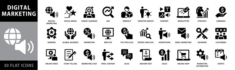 Digital marketing black and White flat style icon set. Website, social media, seo, sales and more, Filled vector symbol collection. glyph icons for web and ui. Vector illustration