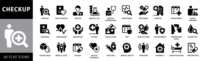 Checkup icons set. Including Health, Prevention, Report, Temperature Check, Symptoms, Checkup, Medic, Diagnosis, Injury and more. Black and White Flat Style vector icons collection