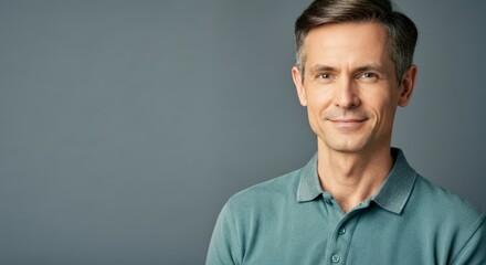 Fototapeta premium Confident caucasian mature male in green polo against gray background