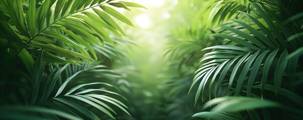 Lush Green Palm Leaves Creating a Serene Jungle Pathway